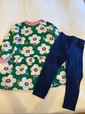 Mini Boden Green Floral Dress with Navy Leggings